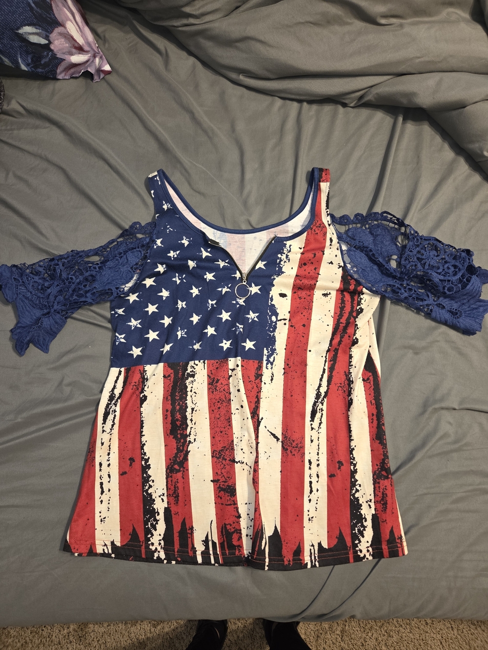 Red, White & Blue Cold-Shoulder Flag Tee With Lace Sleeves